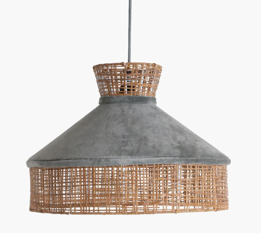 Lampara de ratan y terciopelo gris