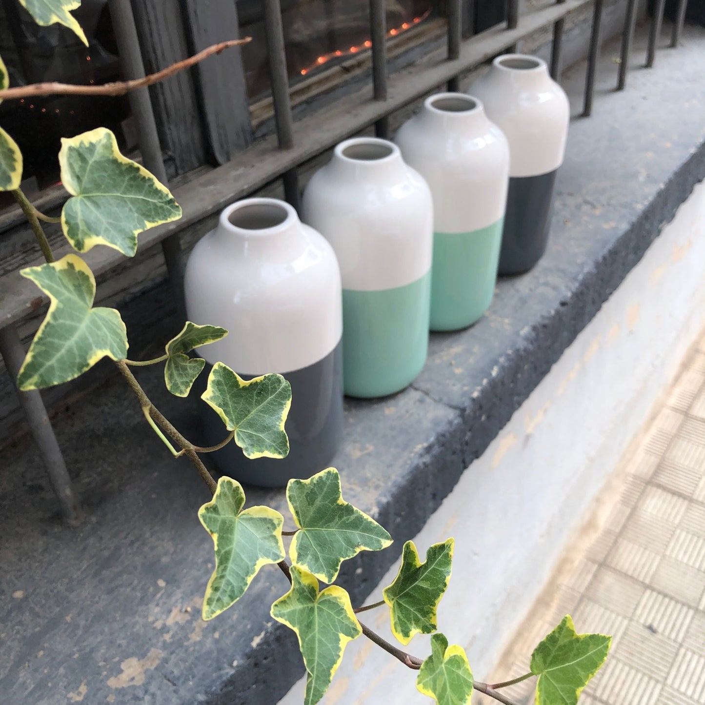 Jarron ceramica bicolor verde/blanco