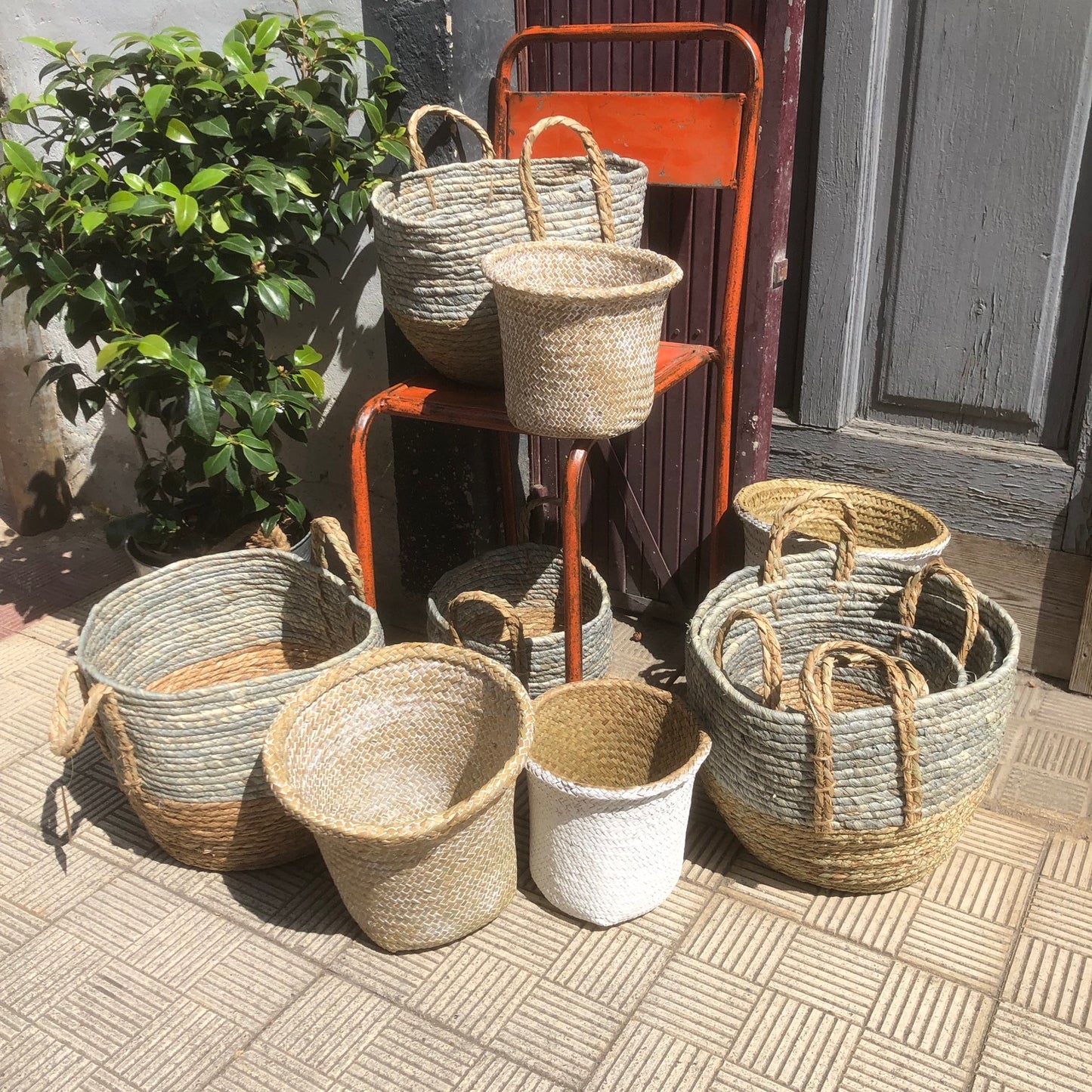 Cesta Panarea bicolor azul y natural Grande