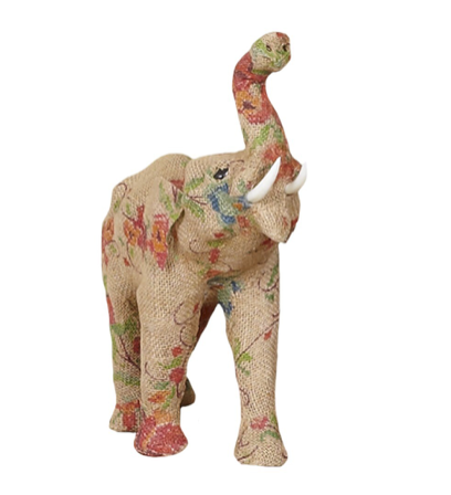 Figura de elefante con tela de saco floreada